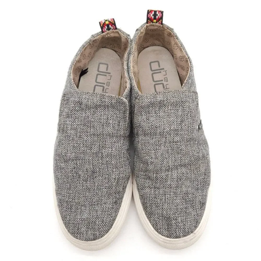 Hey Dude (Womens Size 10) Peyton Loafers Linen Gray Black Canvas Slip On‎ Shoes